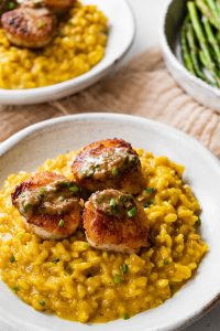 Scallops with risotto Milanese