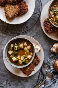 Leek and Potato Soup with Fried Ground Meat Patties