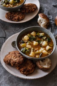 Leek and Potato Soup with Fried Ground Meat Patties