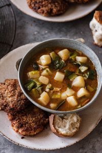 Leek and Potato Soup with Fried Ground Meat Patties